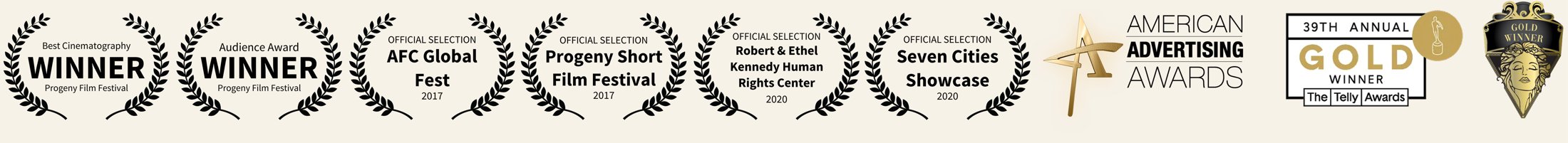 New Place awards and recognition: Best Cinematography, Audience Award, official selections, American Advertising Awards, Telly Awards Gold Winner