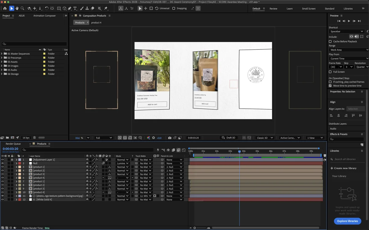 After Effects motion design work for the SCORE DC video